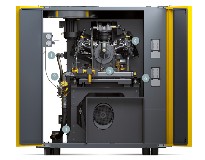 Komponenten der Nachverdichter-Kompaktanlage Serie DN C (Vorderseite)