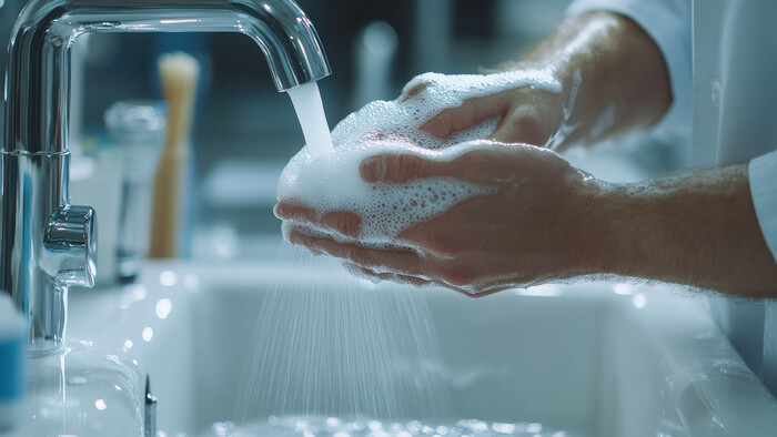Warmwasser zum Händewaschen wird über Wärmerückgewinnung eines Kompressors erzeugt.